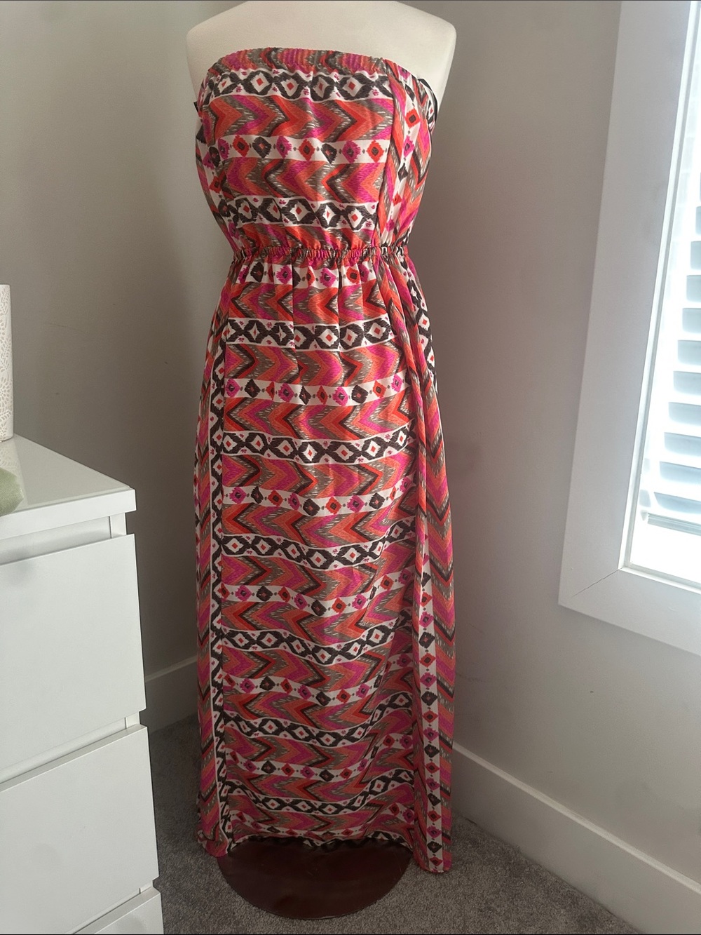 Strapless Pink Tribal Maxi Dress